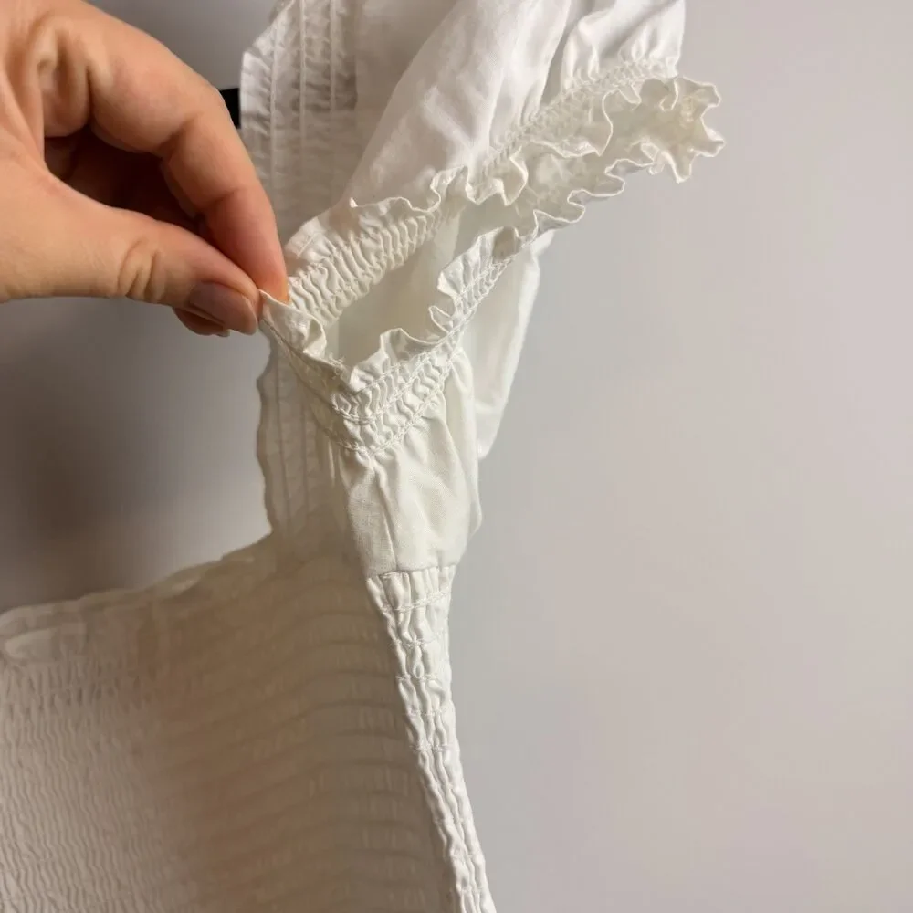 O.P.T Lazy Afternoon Dress White Maxi Medium Smocked Cotton Lined Puff Sleeve - Picture 4 of 15